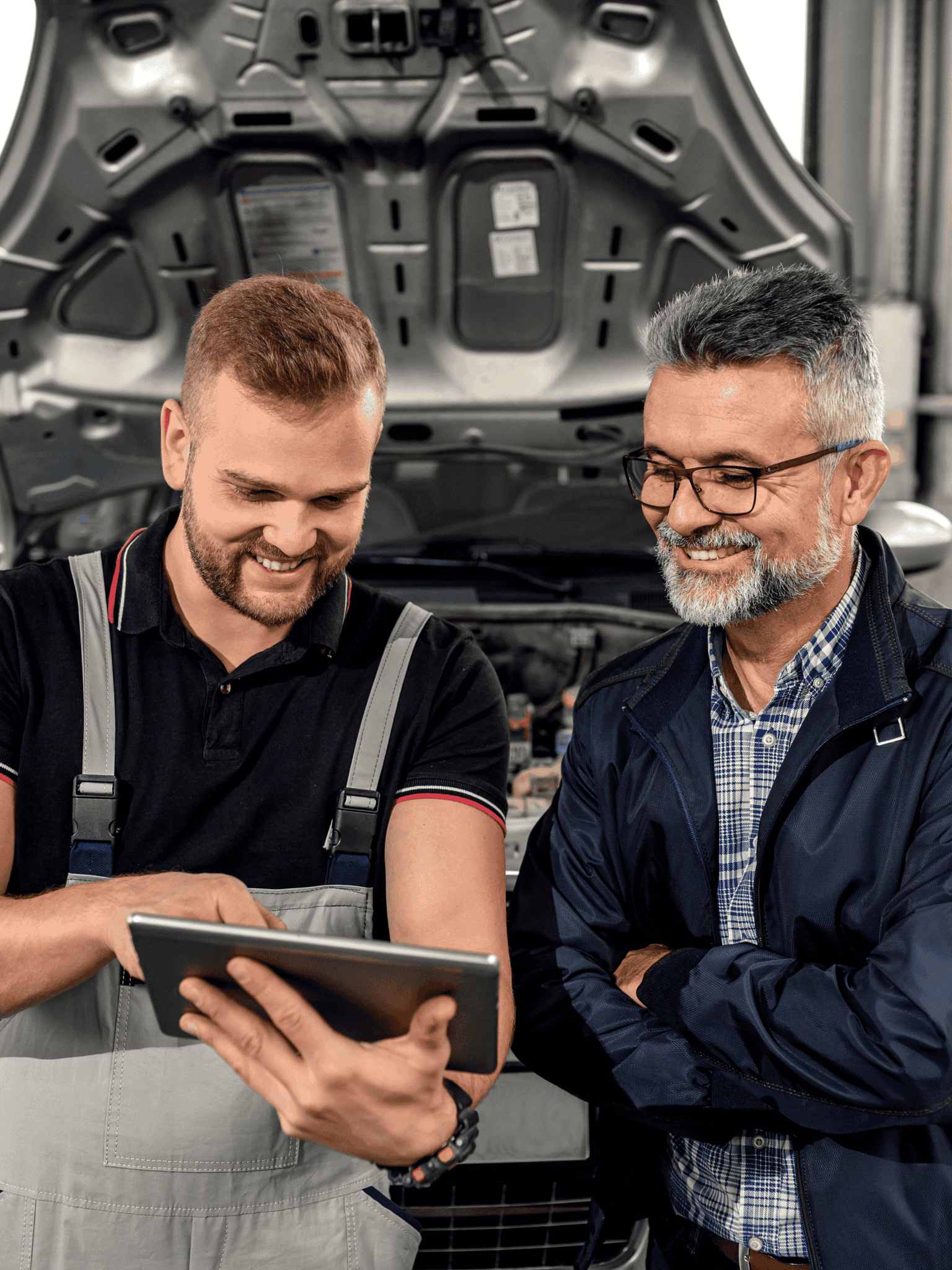 Business professionals using AI tablet